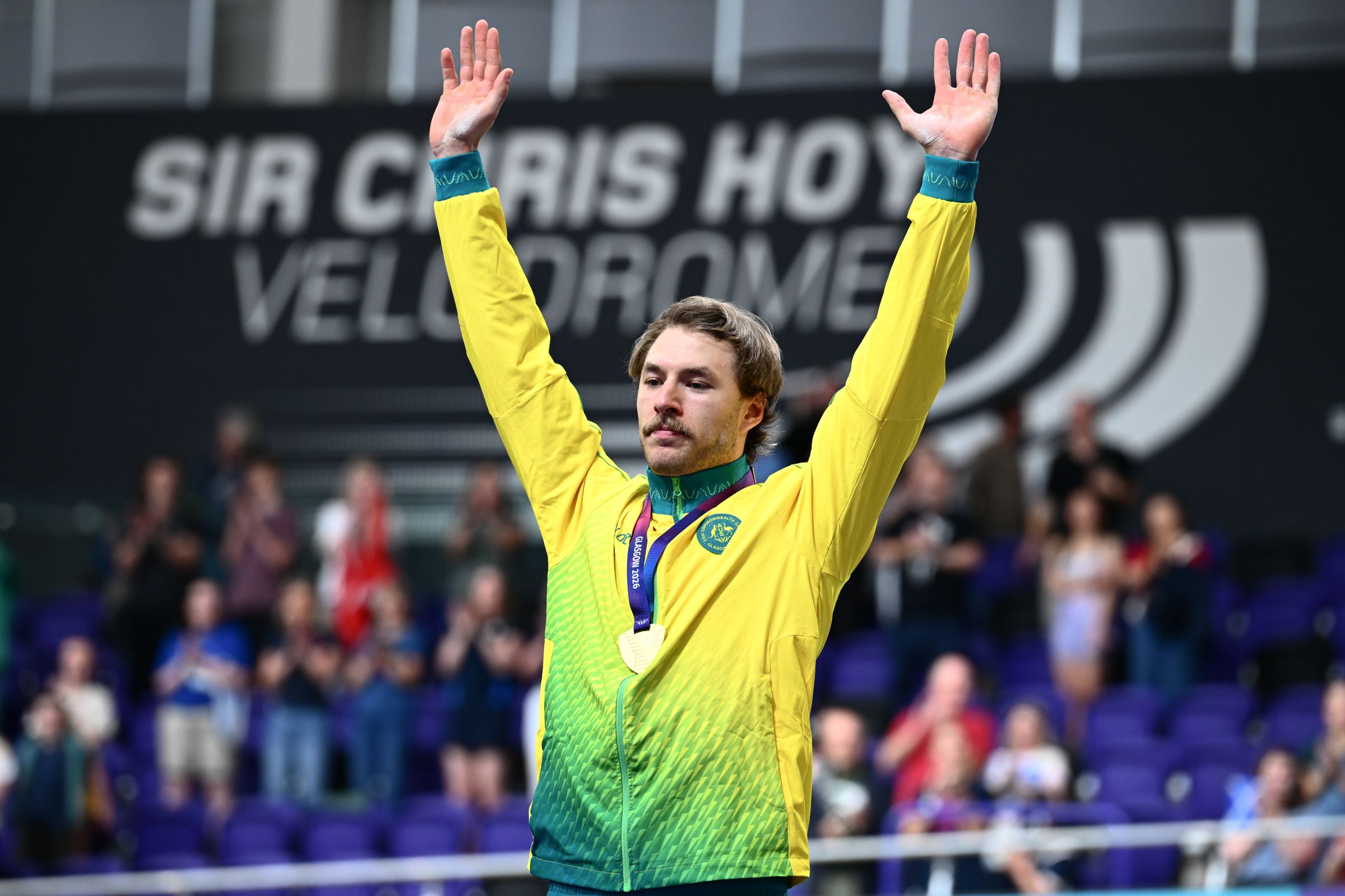 Leigh Hoffman of Australia celebrates gold in the men's sprint at the Glasgow 2026 Commonwealth Games.